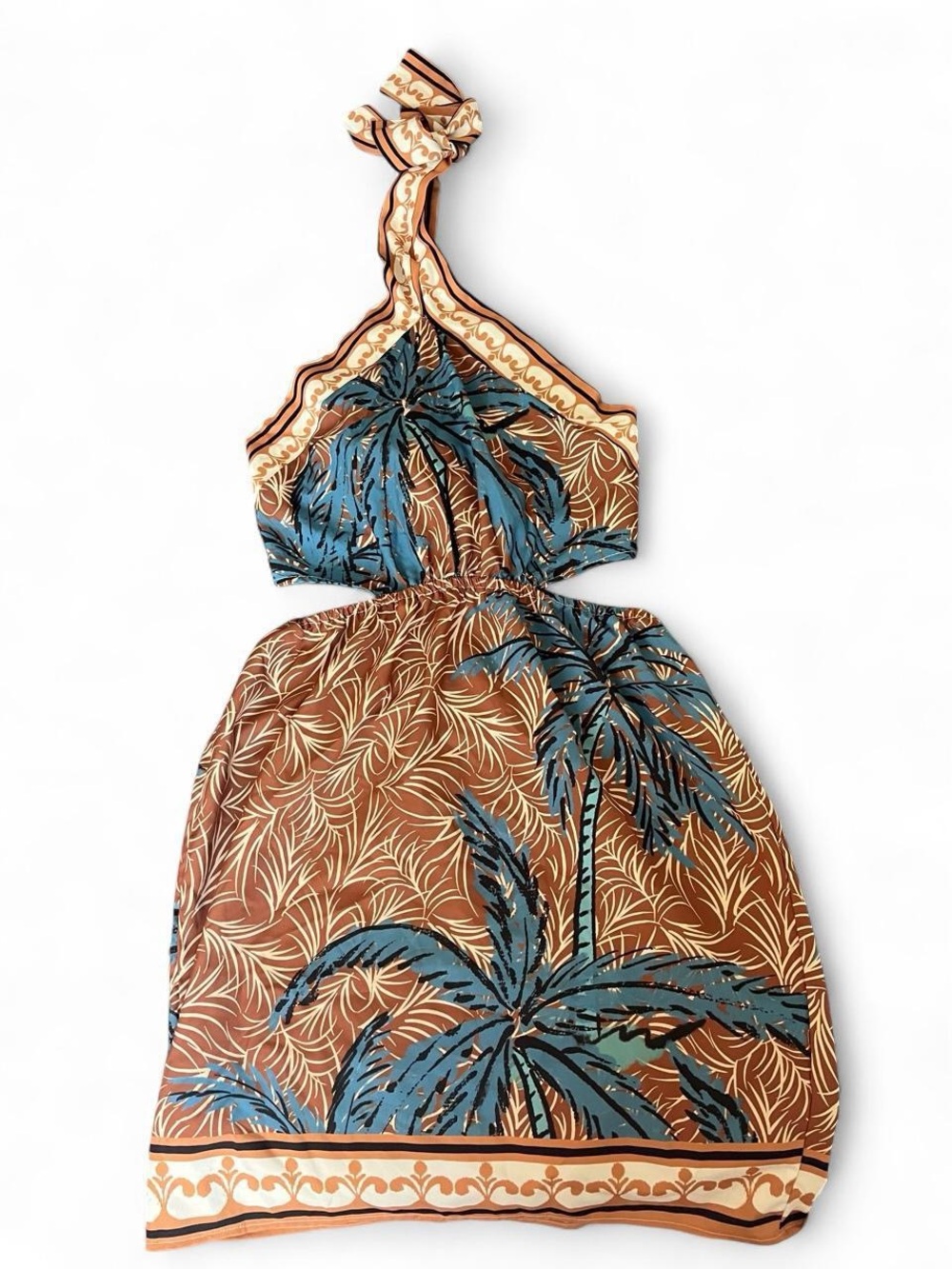 Tropical Halter Mini Dress in Brown & Teal